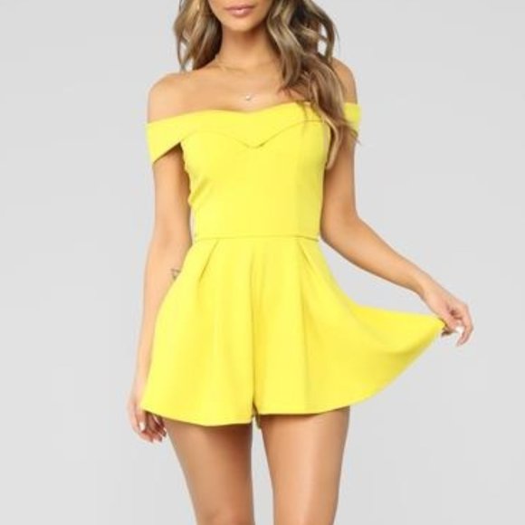 Fashion Nova Pants - Lime Yellow Off The Top Off Shoulder Romper